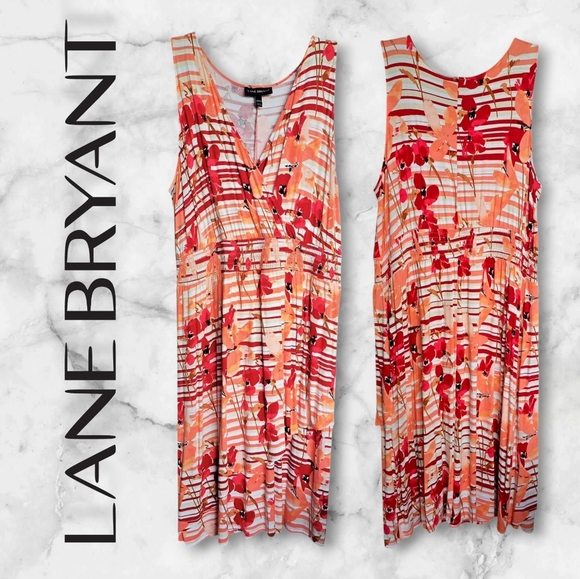 LANE BRYANT Coral Red Abstract Print Summer Flowy Midi Dress Size 14/16 Plus - Picture 5 of 16